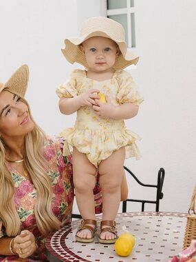 Ivy City Co Cream Yellow Floral Puff Sleeve Baby One-Piece mama and mini